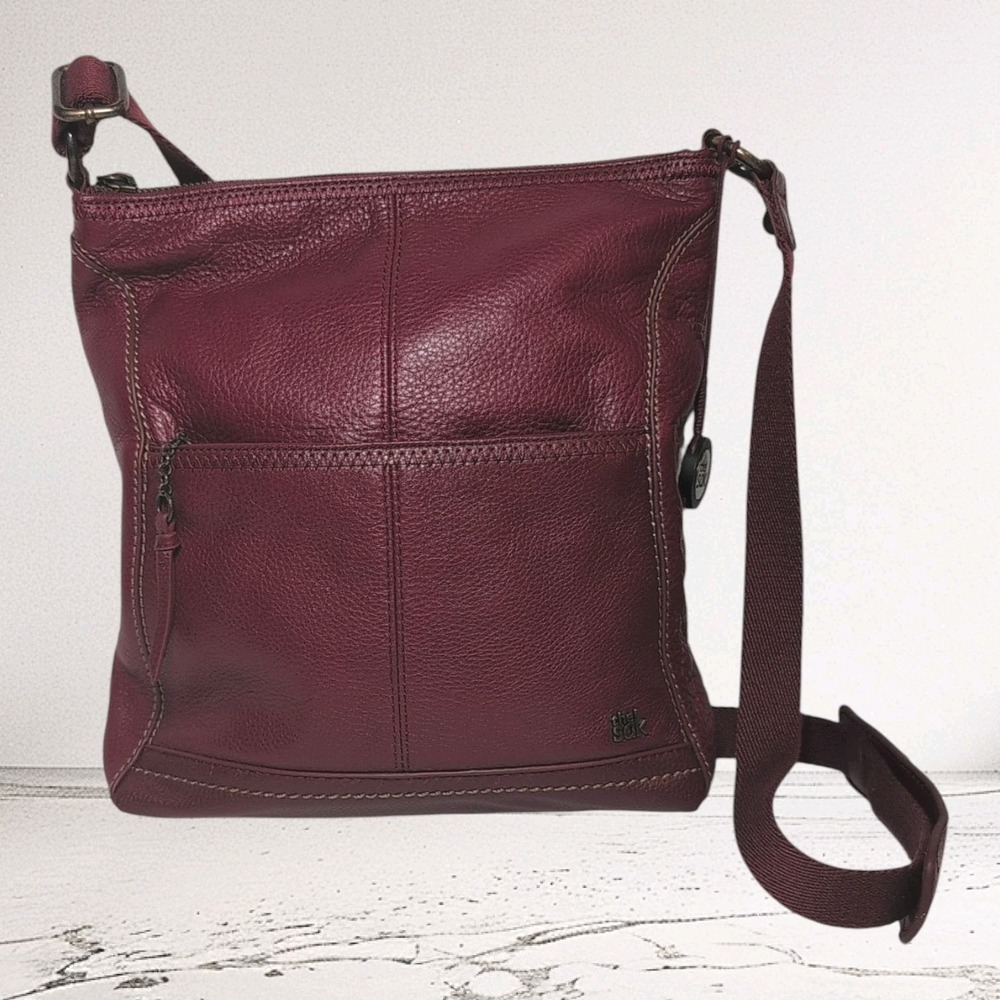 The Sak Genuine Red Leather Crossbody Handbag Tan Stitching Vibrant Lining